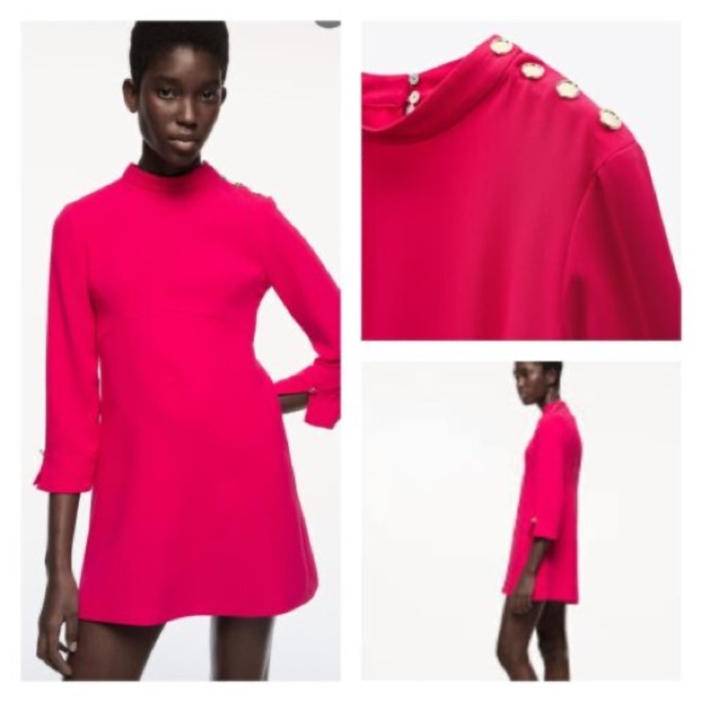 NWOT ZARA Bright Pink Button Neck Long Sleeve Mini Shift Dress
